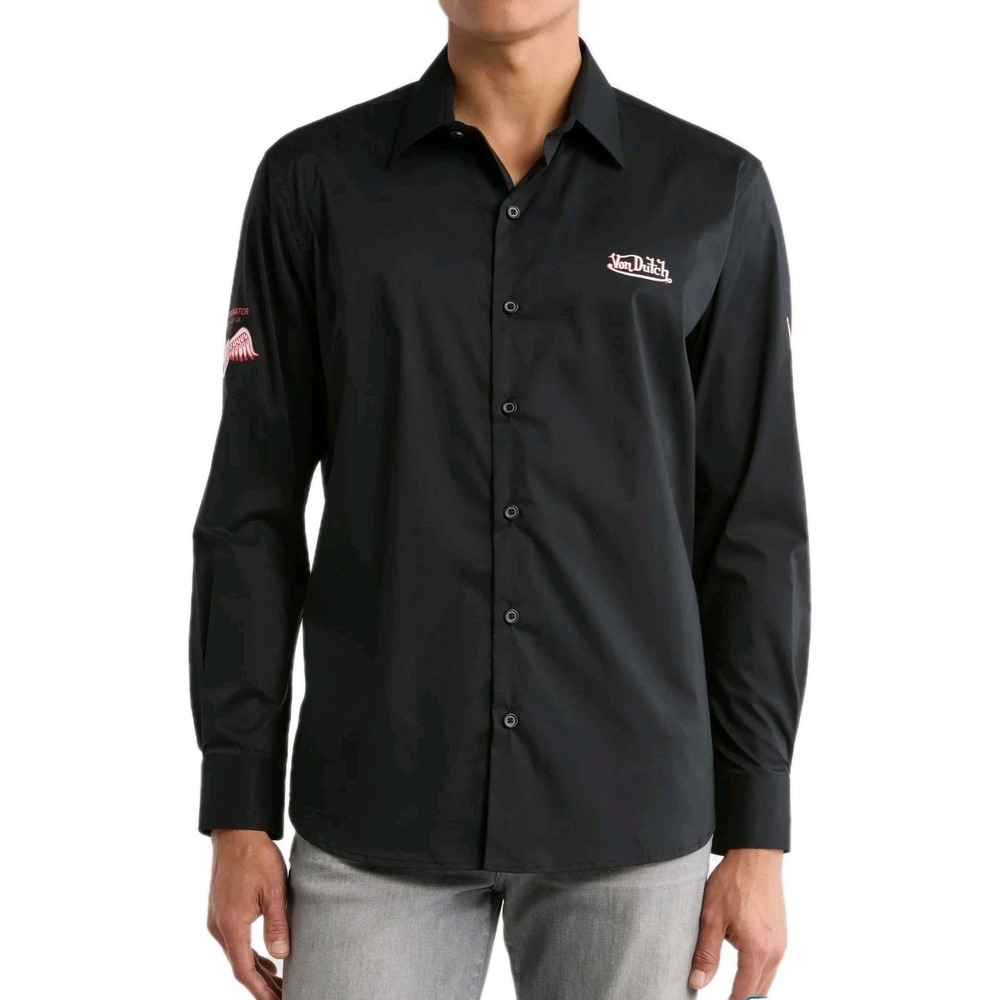 New Von Dutch Black Logo Button-Up Long Sleeve Men's Dress Shirt Sz Med